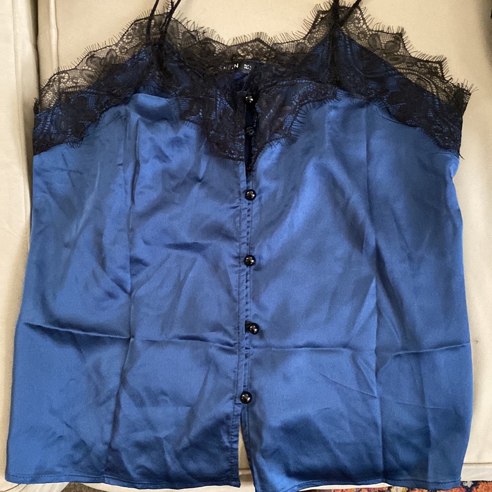 Satin lace button up tank